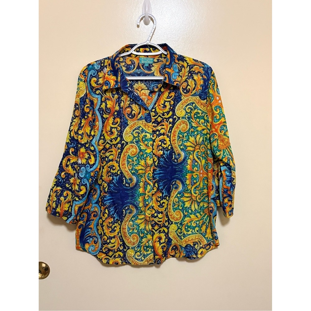 Vibrant Paisley Button-Down Shirt in Blue & Yellow - Women's Classic Collar